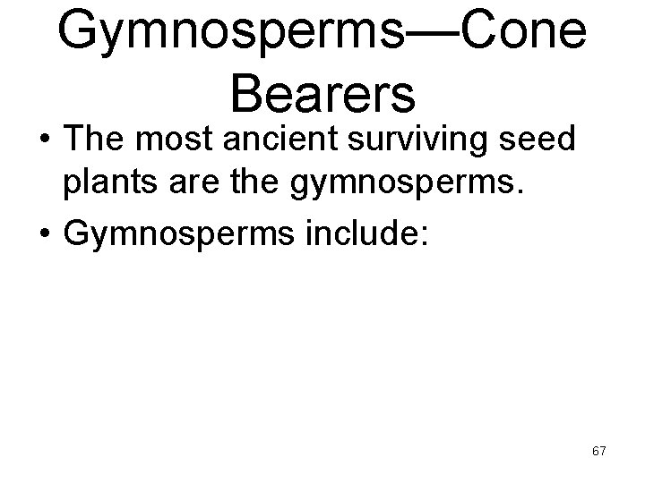 Gymnosperms—Cone Bearers • The most ancient surviving seed plants are the gymnosperms. • Gymnosperms