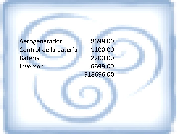 Aerogenerador 8699. 00 Control de la batería 1100. 00 Batería 2200. 00 Inversor 6699.