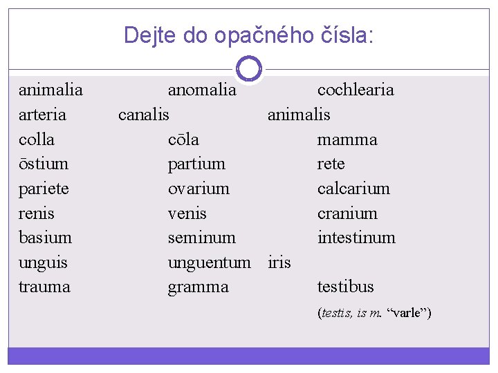 Dejte do opačného čísla: animalia arteria colla ōstium pariete renis basium unguis trauma anomalia