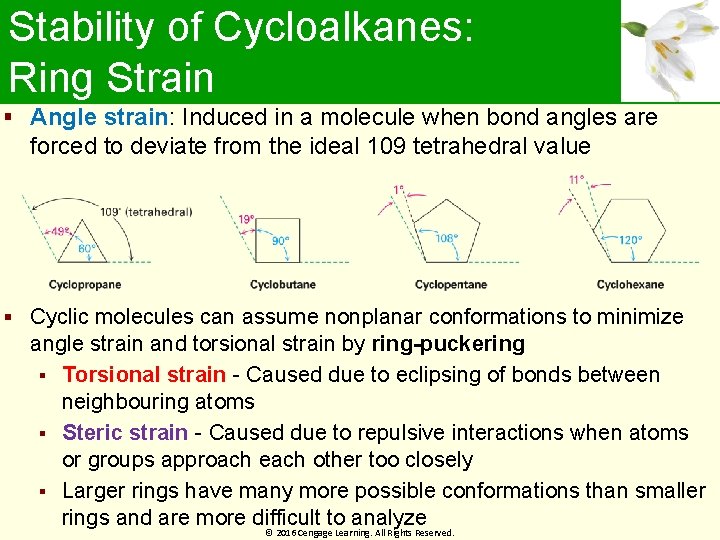 Stability of Cycloalkanes: Ring Strain Angle strain: Induced in a molecule when bond angles
