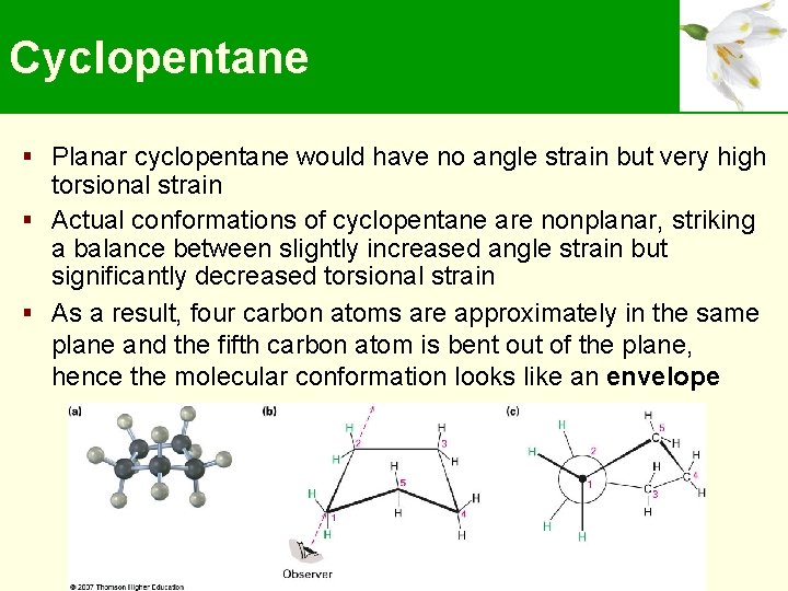 Cyclopentane Planar cyclopentane would have no angle strain but very high torsional strain Actual