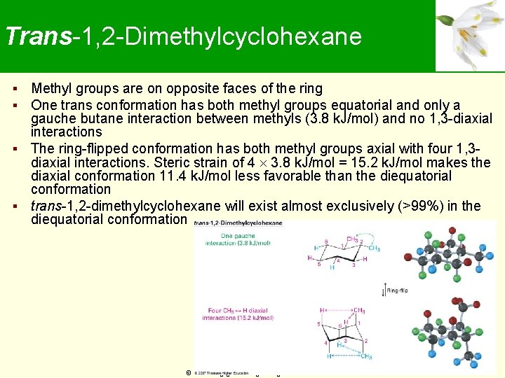 Trans-1, 2 -Dimethylcyclohexane Methyl groups are on opposite faces of the ring One trans