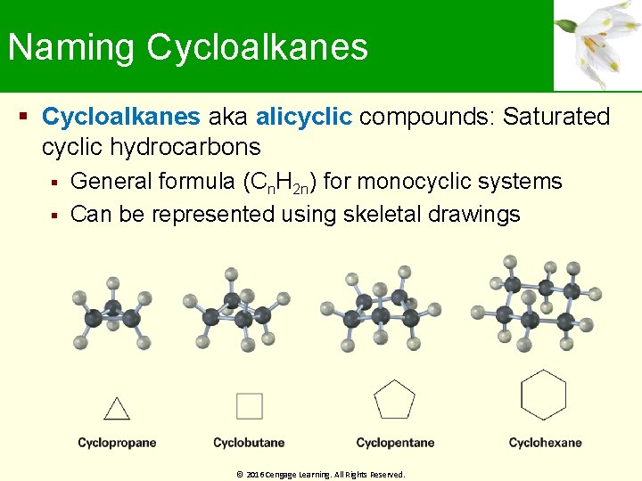 Naming Cycloalkanes aka alicyclic compounds: Saturated cyclic hydrocarbons General formula (Cn. H 2 n)
