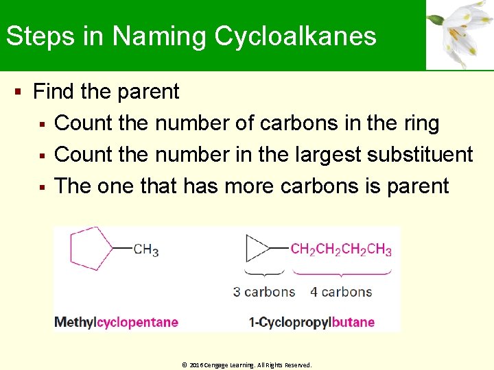 Steps in Naming Cycloalkanes Find the parent Count the number of carbons in the