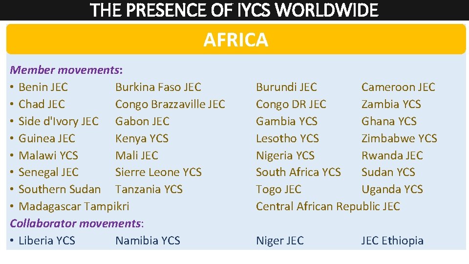 THE PRESENCE OF IYCS WORLDWIDE AFRICA Member movements: • Benin JEC Burkina Faso JEC