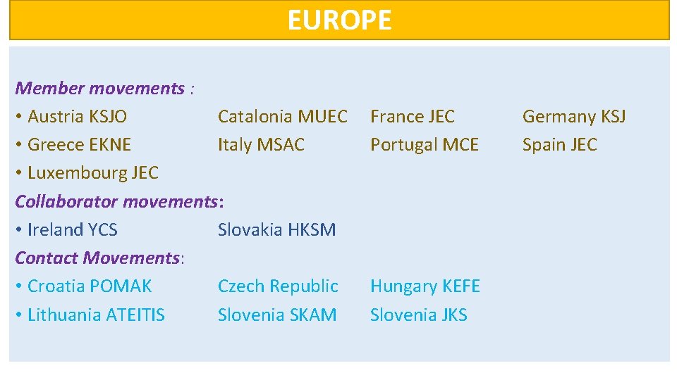 EUROPE Member movements : • Austria KSJO Catalonia MUEC • Greece EKNE Italy MSAC