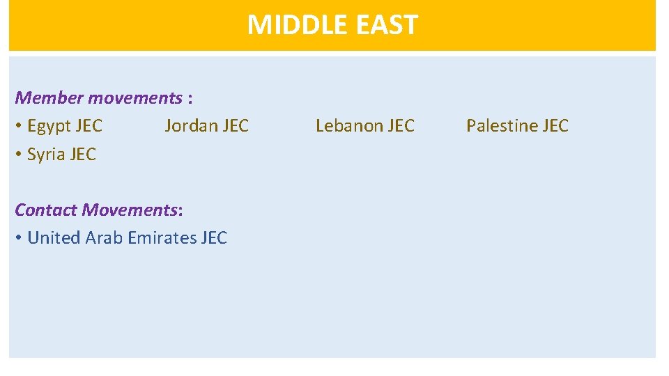 MIDDLE EAST Member movements : • Egypt JEC Jordan JEC • Syria JEC Contact