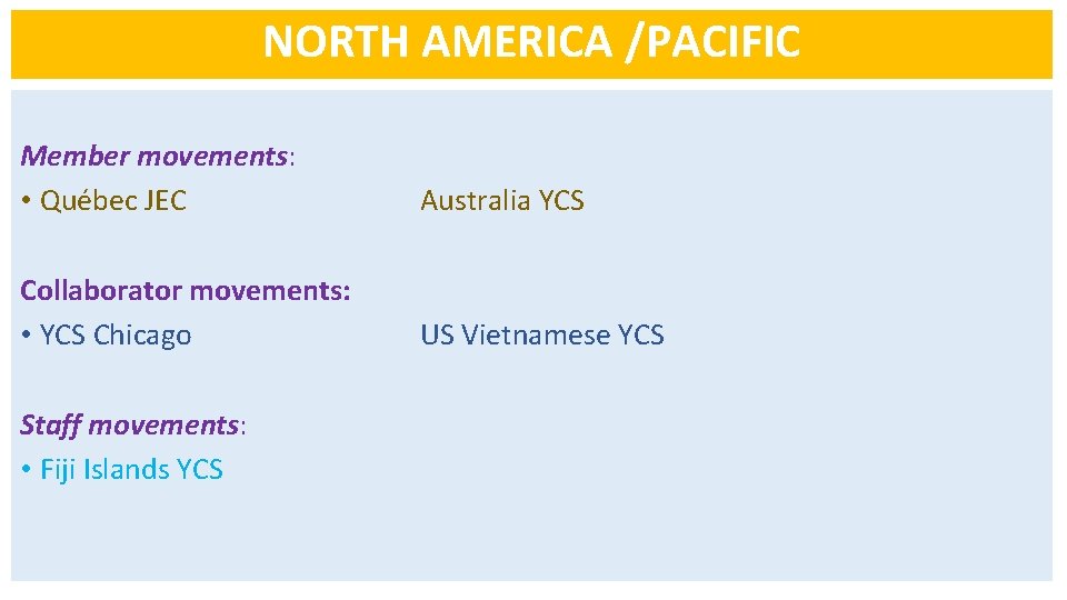 NORTH AMERICA /PACIFIC Member movements: • Québec JEC Australia YCS Collaborator movements: • YCS