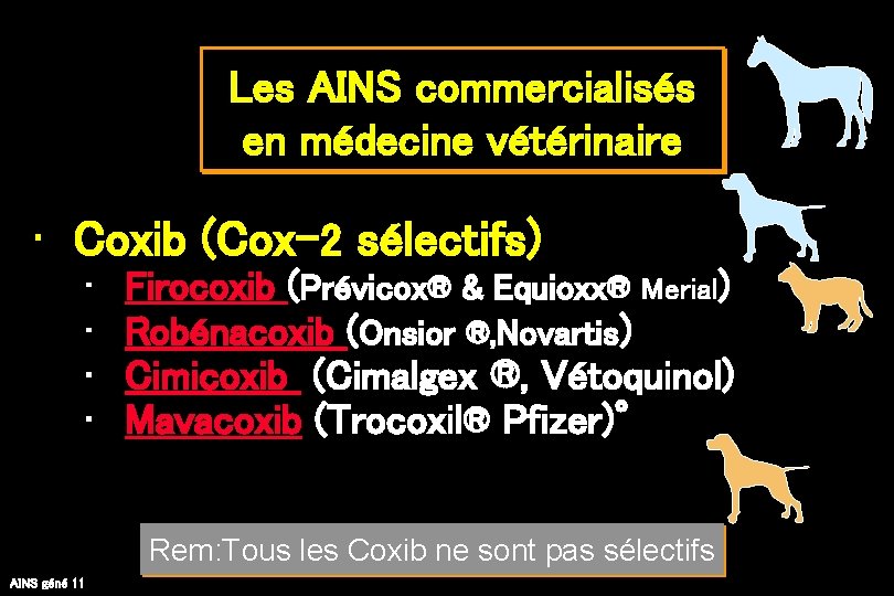 Les AINS commercialisés en médecine vétérinaire • Coxib (Cox-2 sélectifs) • • Firocoxib (Prévicox®
