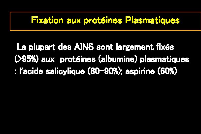Fixation aux protéines Plasmatiques La plupart des AINS sont largement fixés (>95%) aux protéines
