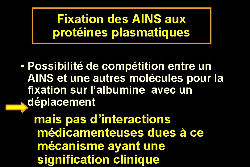 Fixation des AINS aux protéines plasmatiques • Possibilité de compétition entre un AINS et
