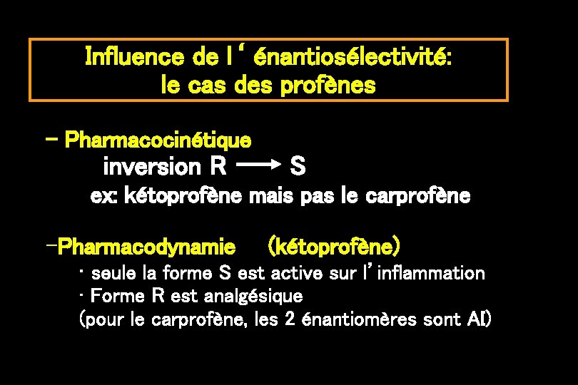 Influence de l‘ énantiosélectivité: le cas des profènes - Pharmacocinétique inversion R S ex: