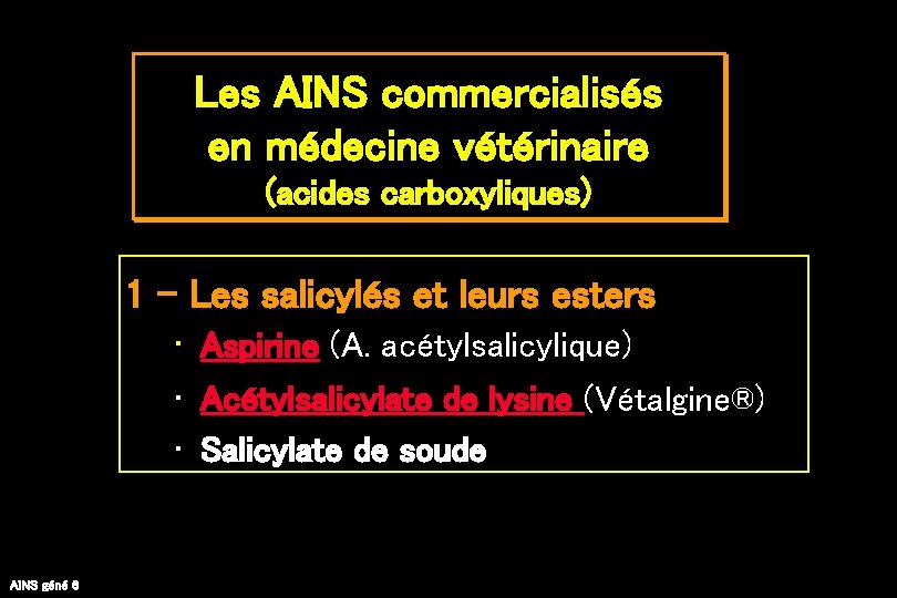 Les AINS commercialisés en médecine vétérinaire (acides carboxyliques) 1 - Les salicylés et leurs