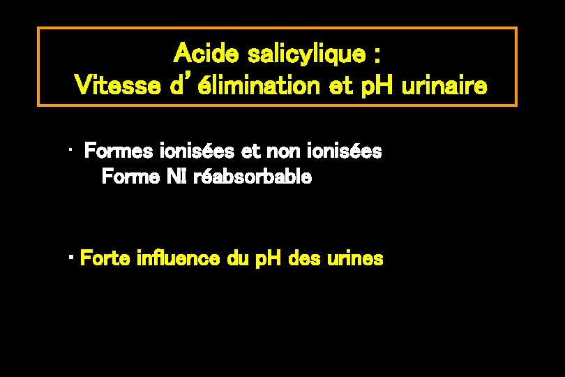 Acide salicylique : Vitesse d’élimination et p. H urinaire • Formes ionisées et non
