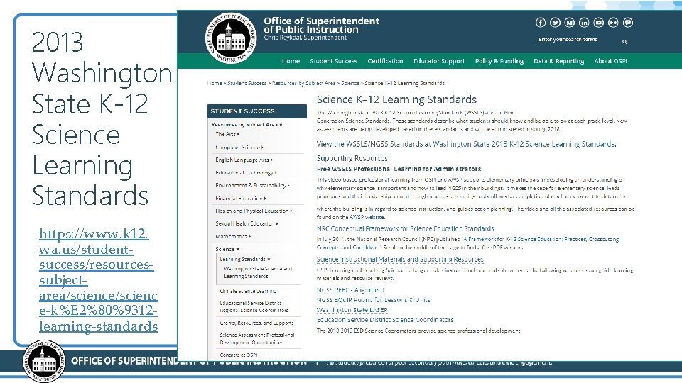 2013 Washington State K-12 Science Learning Standards https: //www. k 12. wa. us/studentsuccess/resourcessubjectarea/science/scienc e-k%E
