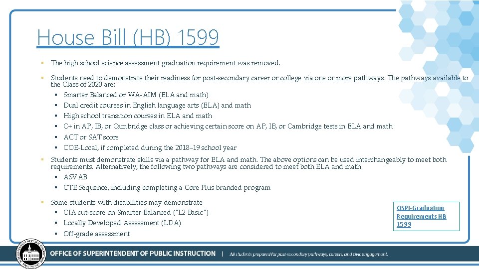 House Bill (HB) 1599 § The high school science assessment graduation requirement was removed.