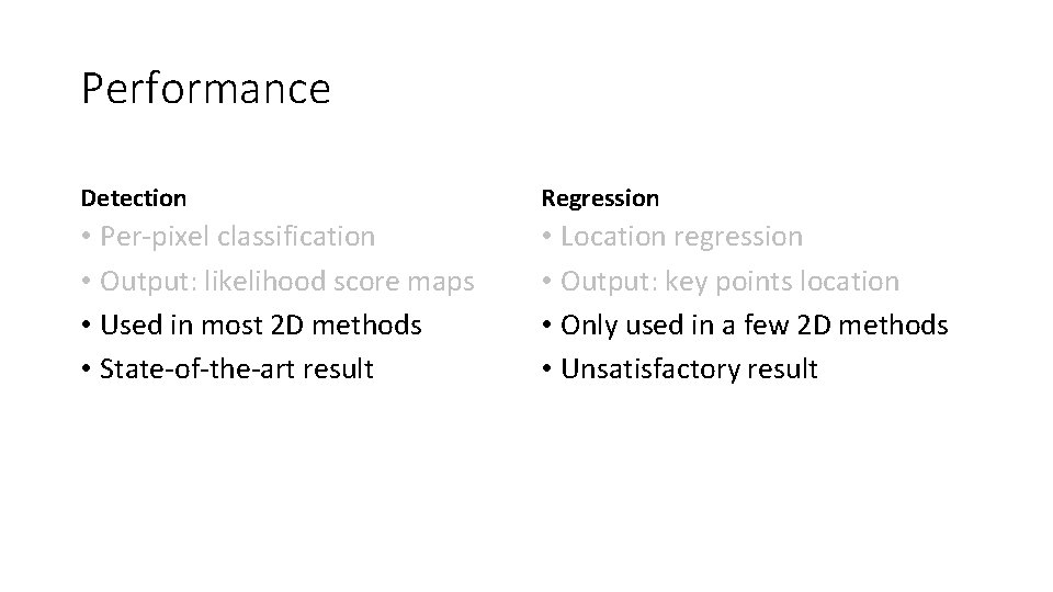 Performance Detection Regression • Per-pixel classification • Output: likelihood score maps • Used in Performance Detection Regression • Per-pixel classification • Output: likelihood score maps • Used in