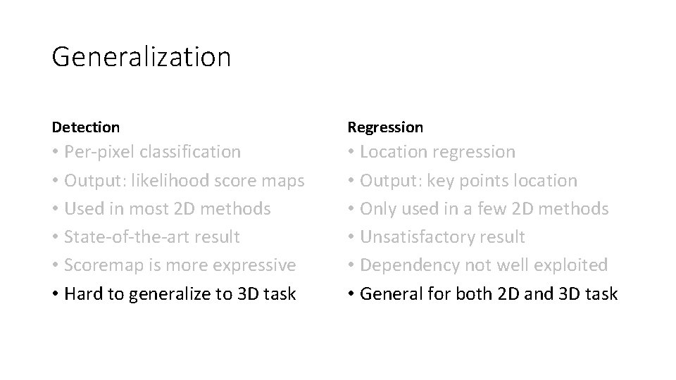 Generalization Detection Regression • Per-pixel classification • Output: likelihood score maps • Used in Generalization Detection Regression • Per-pixel classification • Output: likelihood score maps • Used in