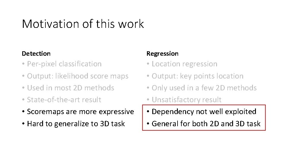 Motivation of this work Detection Regression • Per-pixel classification • Output: likelihood score maps Motivation of this work Detection Regression • Per-pixel classification • Output: likelihood score maps