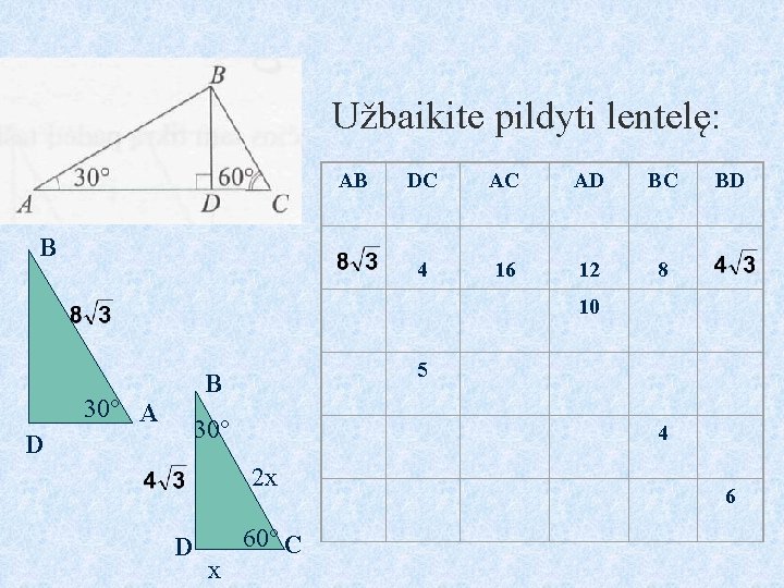 Užbaikite pildyti lentelę: AB DC AC AD BC BD 4 16 12 8 10