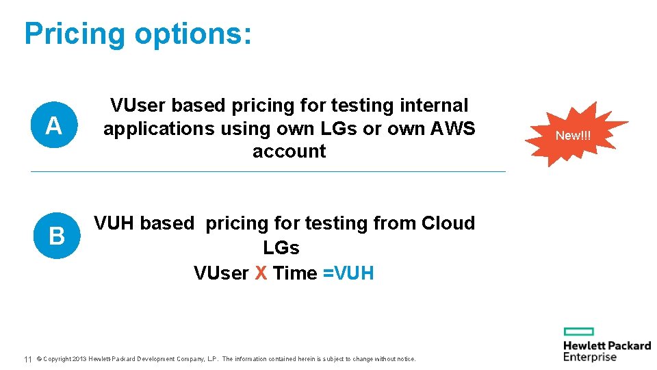 Pricing options: A B 11 VUser based pricing for testing internal applications using own