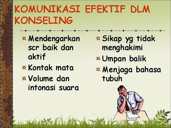 KOMUNIKASI EFEKTIF DLM KONSELING Mendengarkan scr baik dan aktif Kontak mata Volume dan intonasi