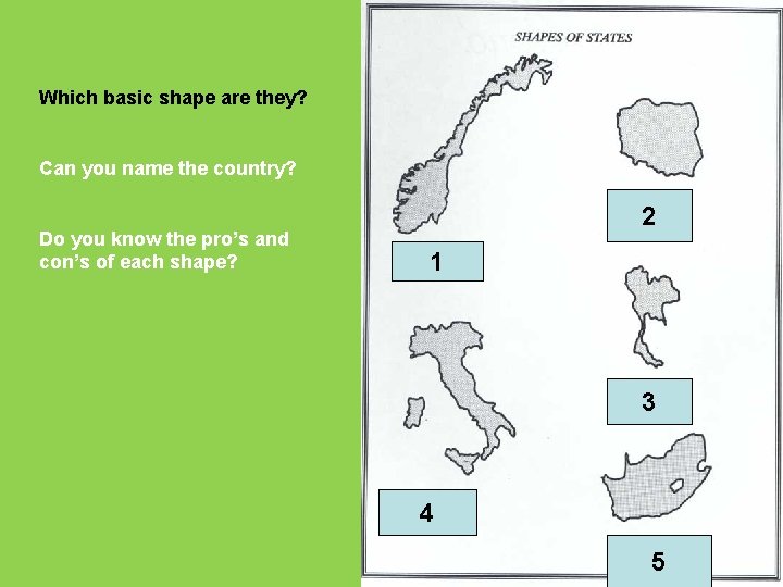 Which basic shape are they? Can you name the country? Do you know the