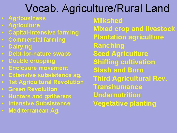 Vocab. Agriculture/Rural Land • • • • Agribusiness Agriculture Capital-Intensive farming Commercial farming Dairying