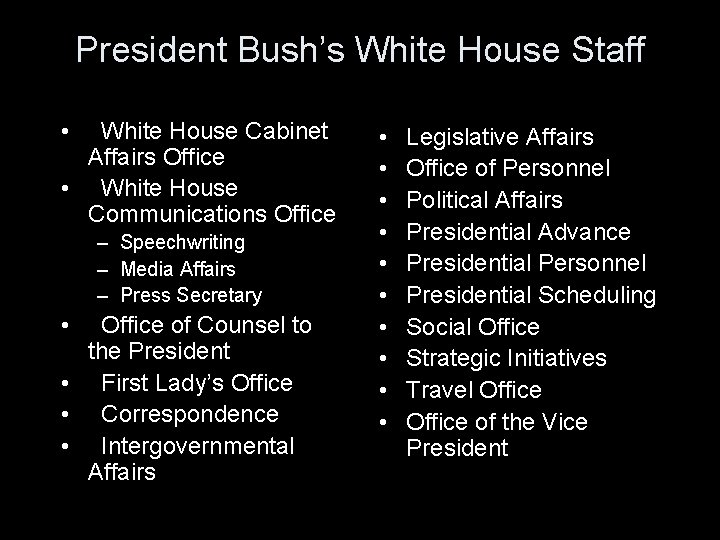 President Bush’s White House Staff • White House Cabinet Affairs Office • White House