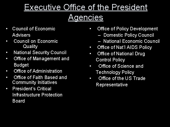 Executive Office of the President Agencies • Council of Economic Advisers • Council on