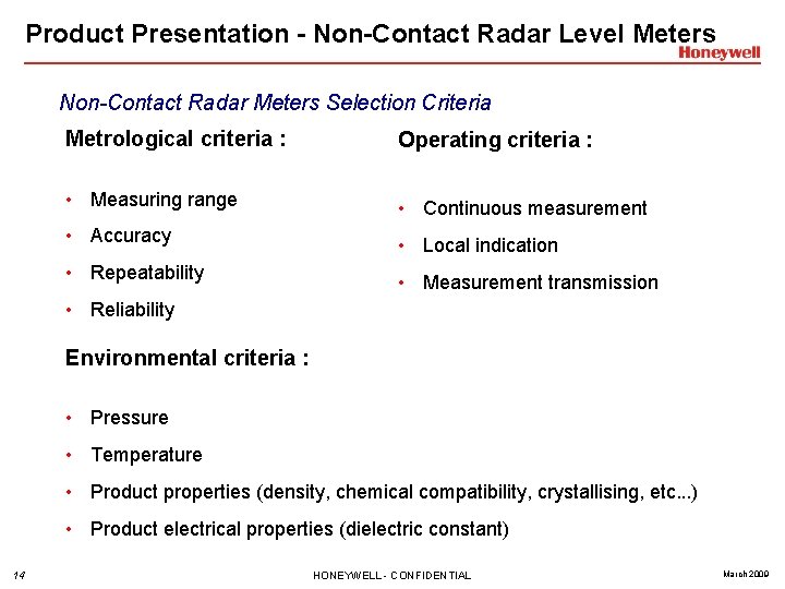 Product Presentation - Non-Contact Radar Level Meters Non-Contact Radar Meters Selection Criteria MAGMETER SELECTION