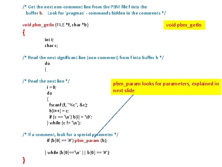 /* Get the next non-comment line from the PBM file f into the buffer