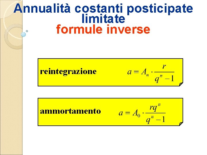 Annualità costanti posticipate limitate formule inverse reintegrazione ammortamento 