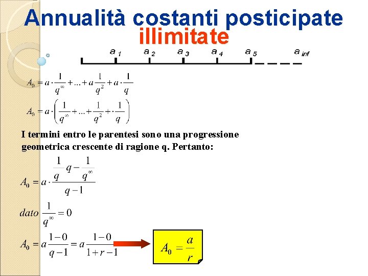 Annualità costanti posticipate illimitate I termini entro le parentesi sono una progressione geometrica crescente