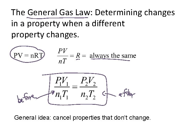 The General Gas Law: Determining changes in a property when a different property changes.