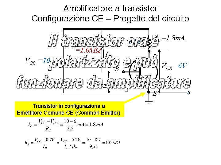 Amplificatore a transistor Configurazione CE – Progetto del circuito RB =1. 0 MΩ VCC Amplificatore a transistor Configurazione CE – Progetto del circuito RB =1. 0 MΩ VCC