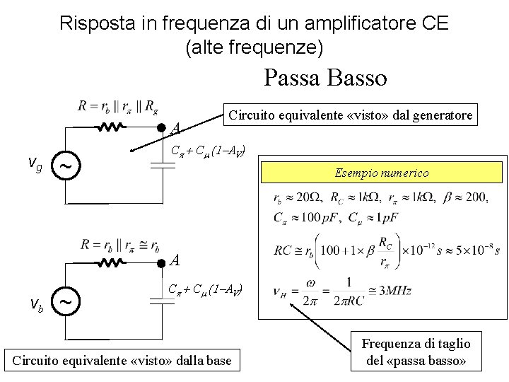 Risposta in frequenza di un amplificatore CE (alte frequenze) Passa Basso A vg ~ Risposta in frequenza di un amplificatore CE (alte frequenze) Passa Basso A vg ~