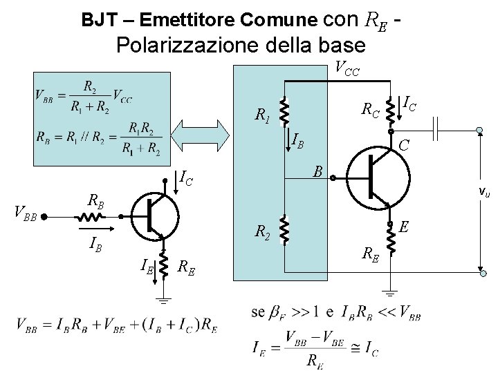 BJT – Emettitore Comune con RE - Polarizzazione della base VCC RC R 1 BJT – Emettitore Comune con RE - Polarizzazione della base VCC RC R 1