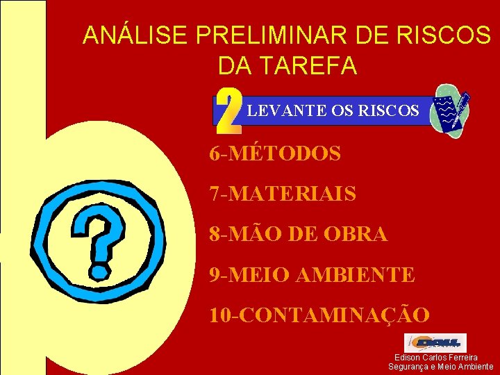 ANÁLISE PRELIMINAR DE RISCOS DA TAREFA LEVANTE OS RISCOS 6 -MÉTODOS 7 -MATERIAIS 8