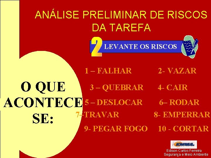 ANÁLISE PRELIMINAR DE RISCOS DA TAREFA LEVANTE OS RISCOS 1 – FALHAR 3 –