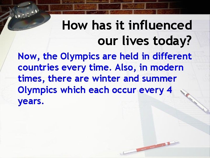 How has it influenced our lives today? Now, the Olympics are held in different