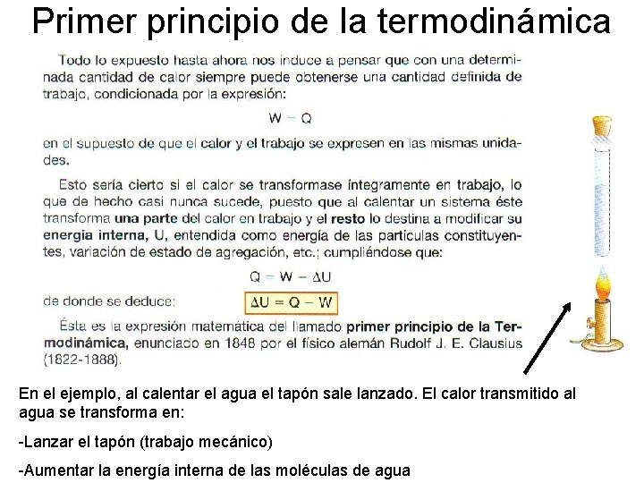 Primer principio de la termodinámica En el ejemplo, al calentar el agua el tapón