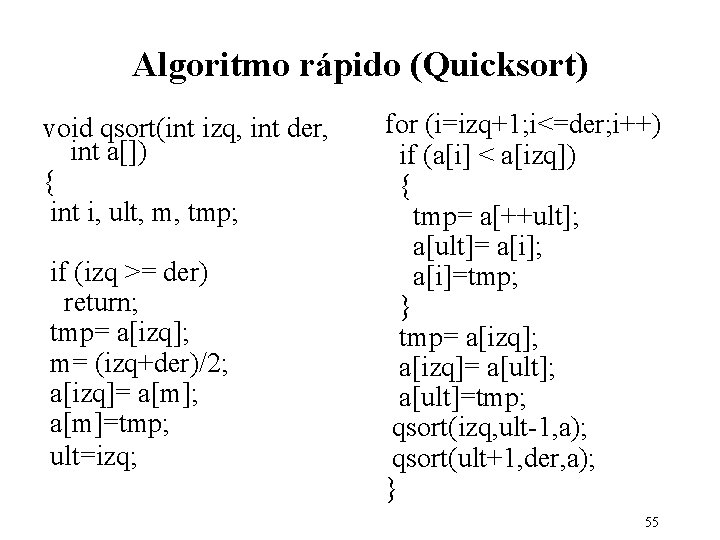 Algoritmo rápido (Quicksort) void qsort(int izq, int der, int a[]) { int i, ult,