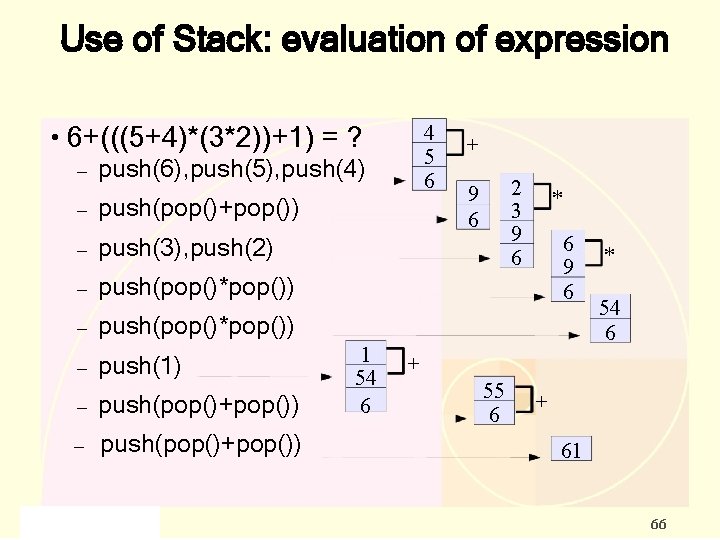 Use of Stack: evaluation of expression ● 4 5 6 6+(((5+4)*(3*2))+1) = ? –