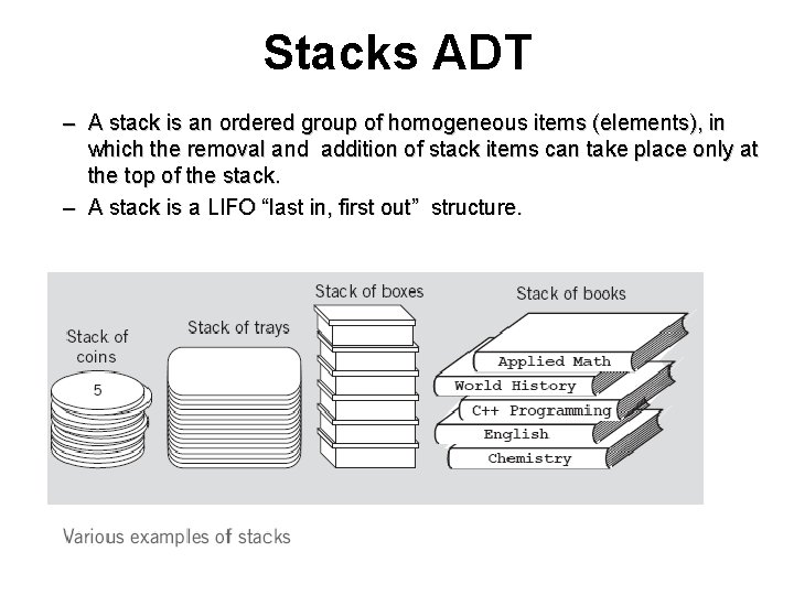 Stacks ADT – A stack is an ordered group of homogeneous items (elements), in