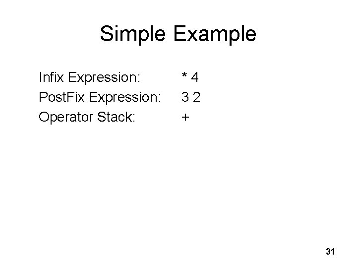 Simple Example Infix Expression: Post. Fix Expression: Operator Stack: * 4 3 2 +