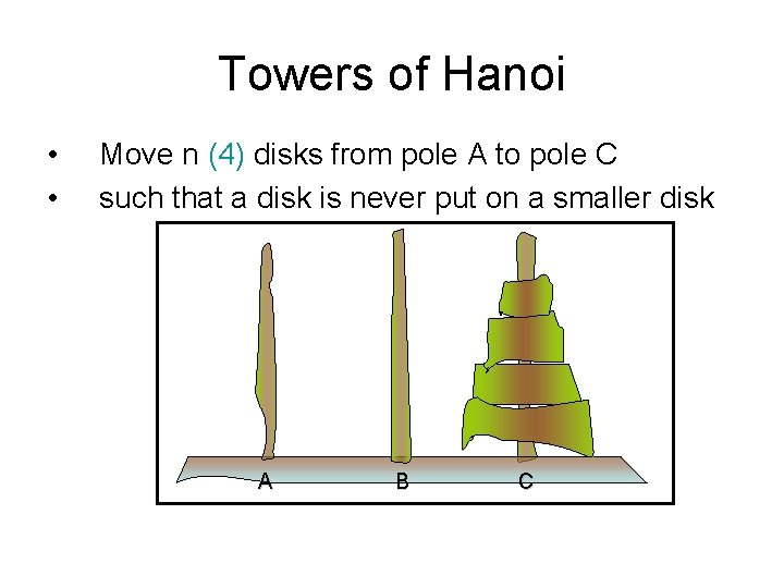 Towers of Hanoi • • Move n (4) disks from pole A to pole