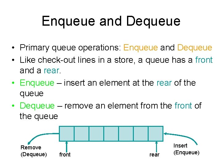 Enqueue and Dequeue • Primary queue operations: Enqueue and Dequeue • Like check-out lines