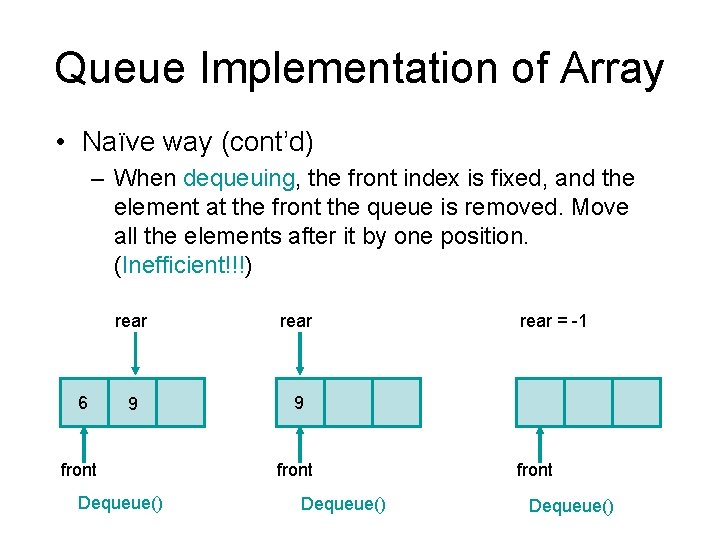Queue Implementation of Array • Naïve way (cont’d) – When dequeuing, the front index