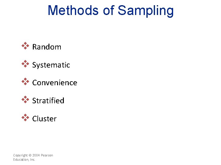Methods of Sampling v Random v Systematic v Convenience v Stratified v Cluster Copyright
